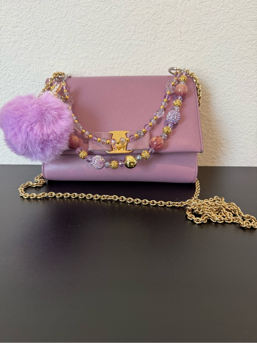 Salvatore Ferragamo Lavender Pink Leather Crossbody Bag with Gold Chain